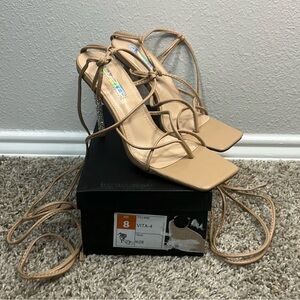 Nude square toe lace-up sequin heels